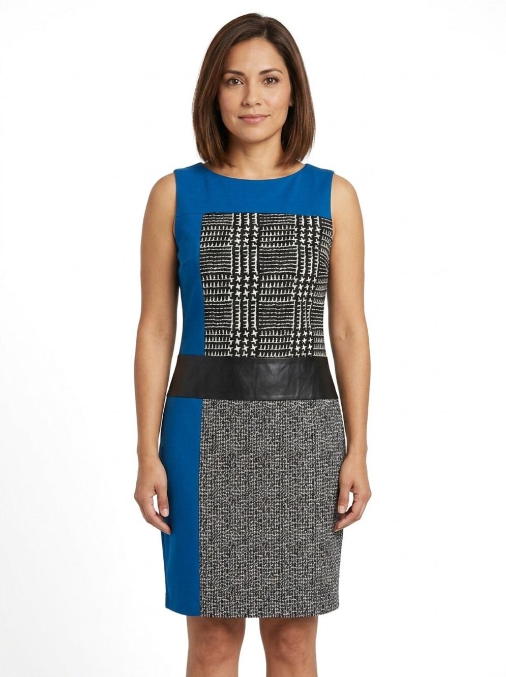Lennie for Nina Leonard Blue Colorblock Plaid Sheath Dress Women Size L